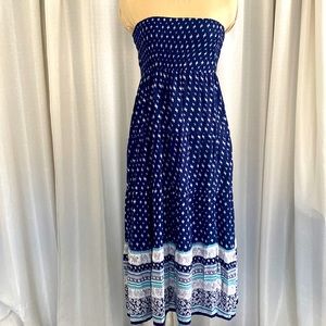 Strapless dress , skirt navy blue , gray and turquoise.